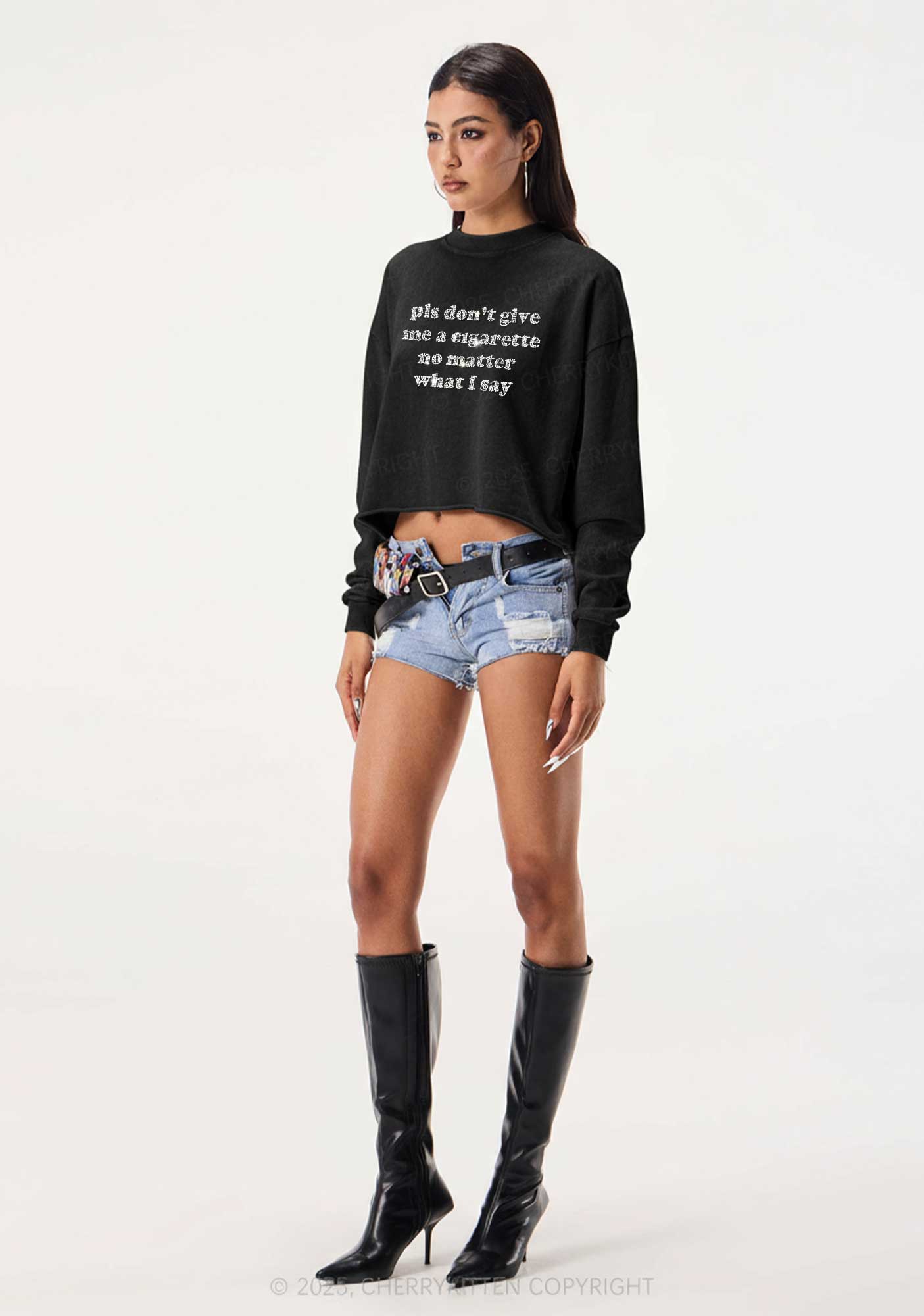 Rhinestone Dont Give Me Cigarette Y2K Crop Washed Sweatshirts Cherrykitten