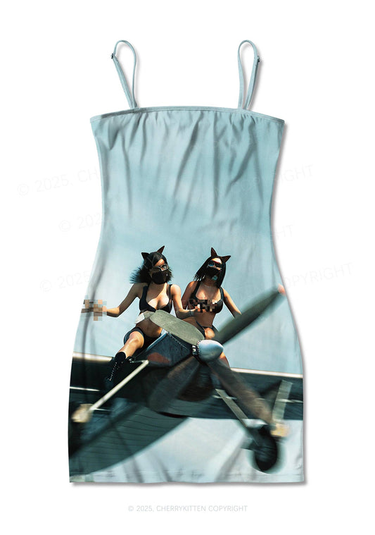 Girls Airplane Race Y2K Print Slip Dress Cherrykitten