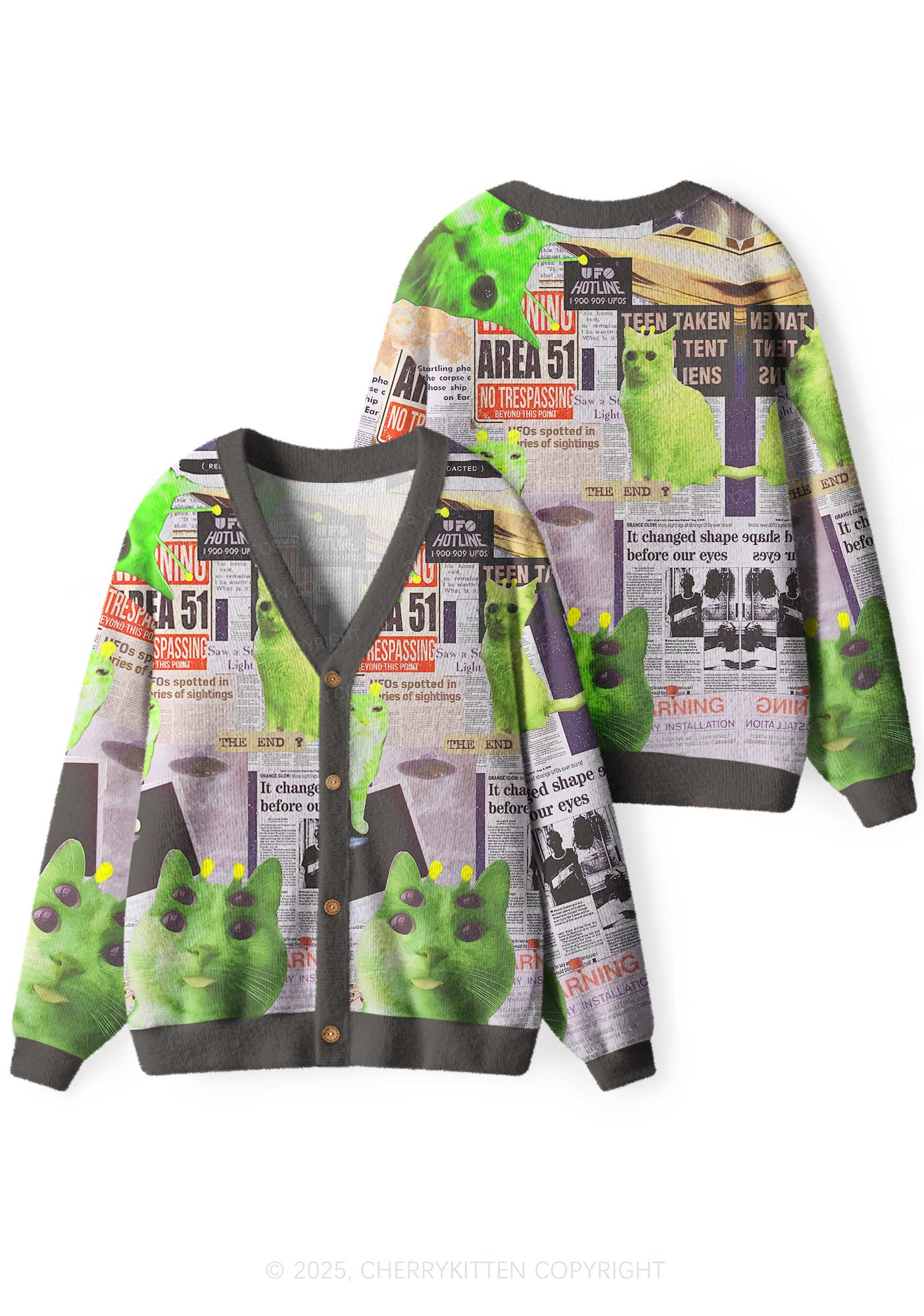 Grey Alien Kitten Y2K Christmas Cardigan Knit Sweatshirt Cherrykitten