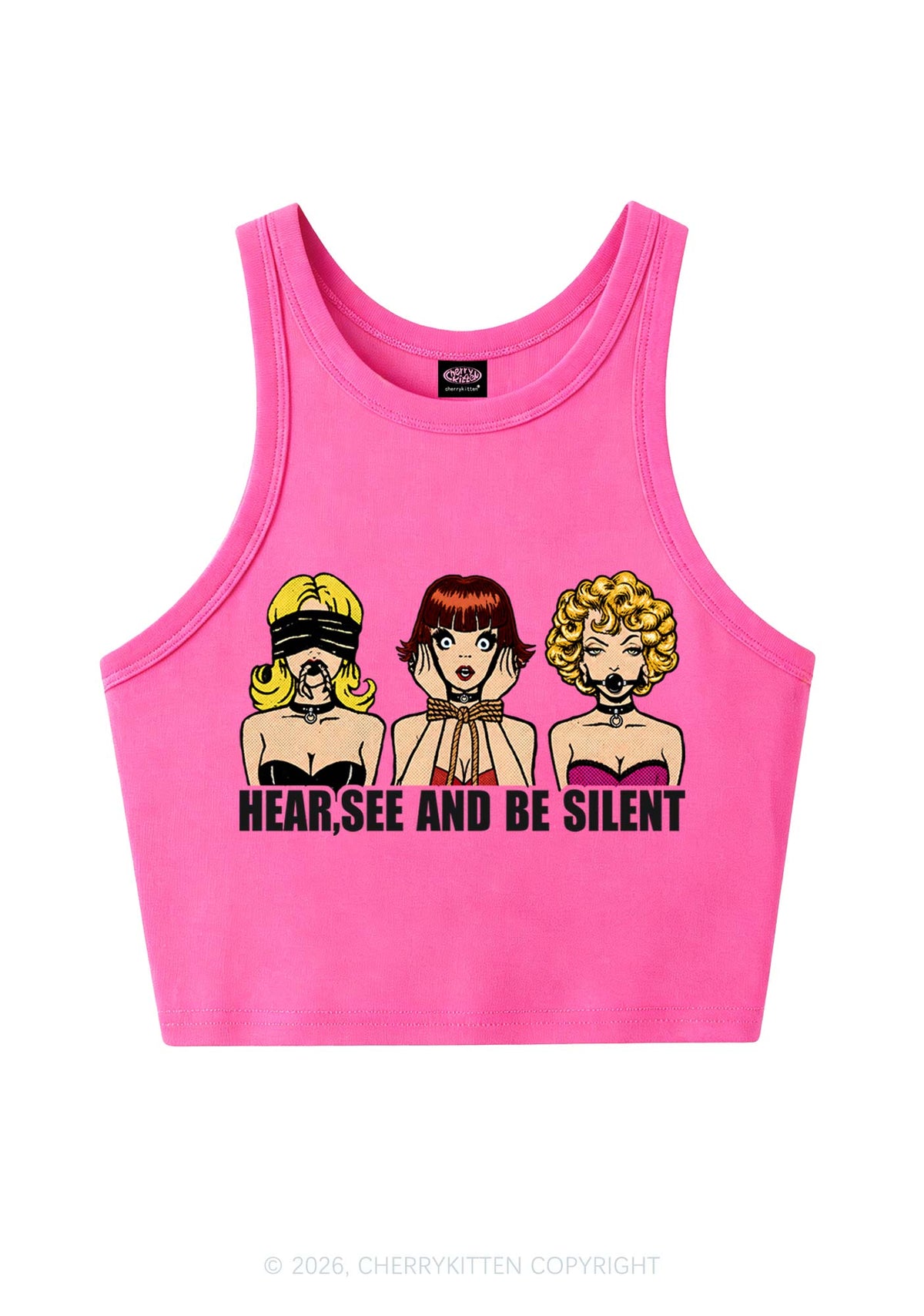 Hear See Be Silent Y2K Crop Tank Top Cherrykitten