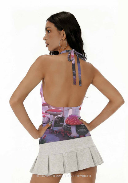 Pink Mushroom Y2K Print Halter Deep V Neck Cami Cherrykitten