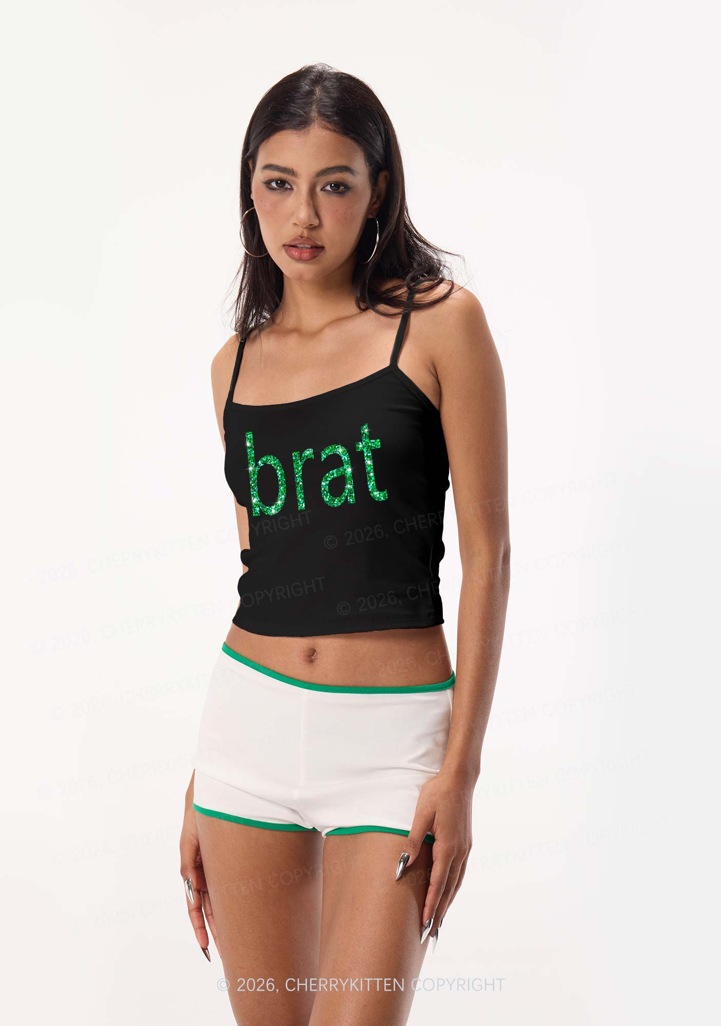 Glitter Green Brat Y2K Spaghetti Strap Cami Cherrykitten