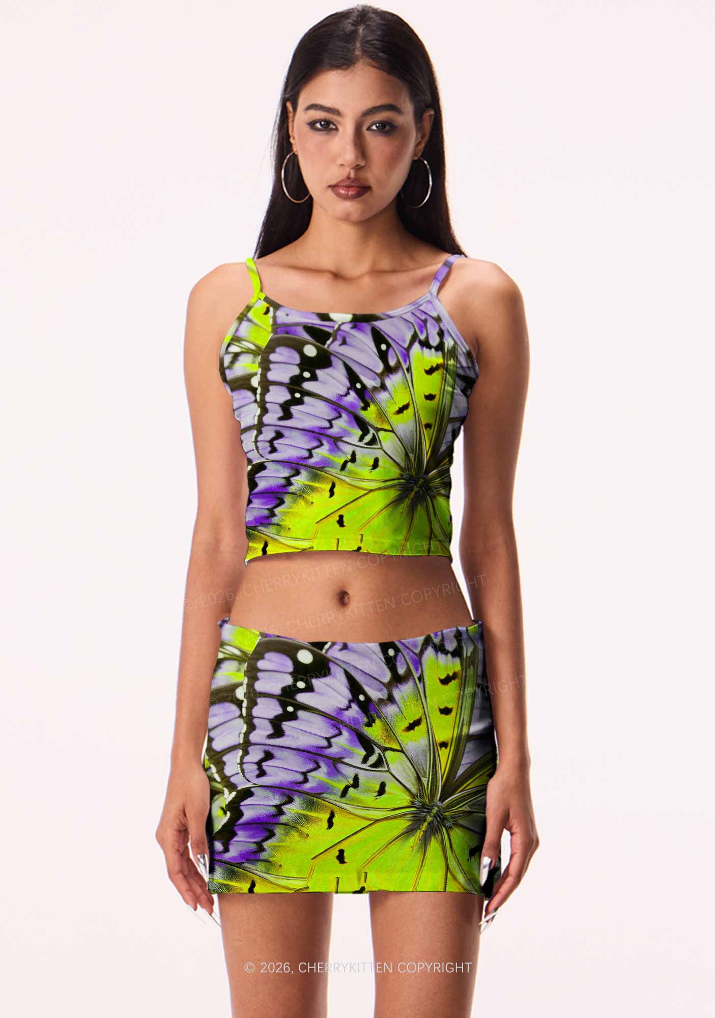 Purple Lime Butterfly Wing Y2K Print Cami Crop Top Cherrykitten