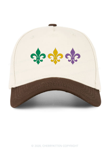 Embroidered Mardi Gras Fleur De Lis Trio Y2K Color Block Baseball Cap Cherrykitten