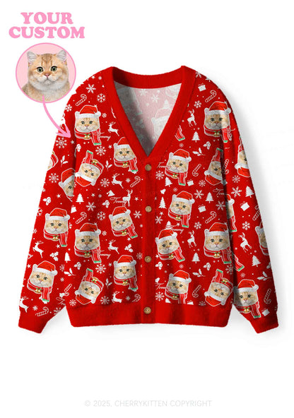 Custom Candy Cat Face Y2K Christmas Cardigan Knit Sweatshirt Cherrykitten