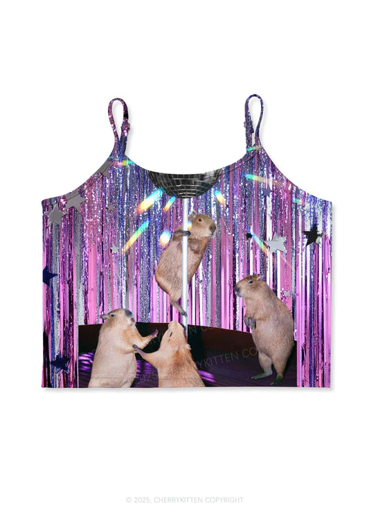 Capybaras Disco Night Y2K Print Cami Crop Top Cherrykitten