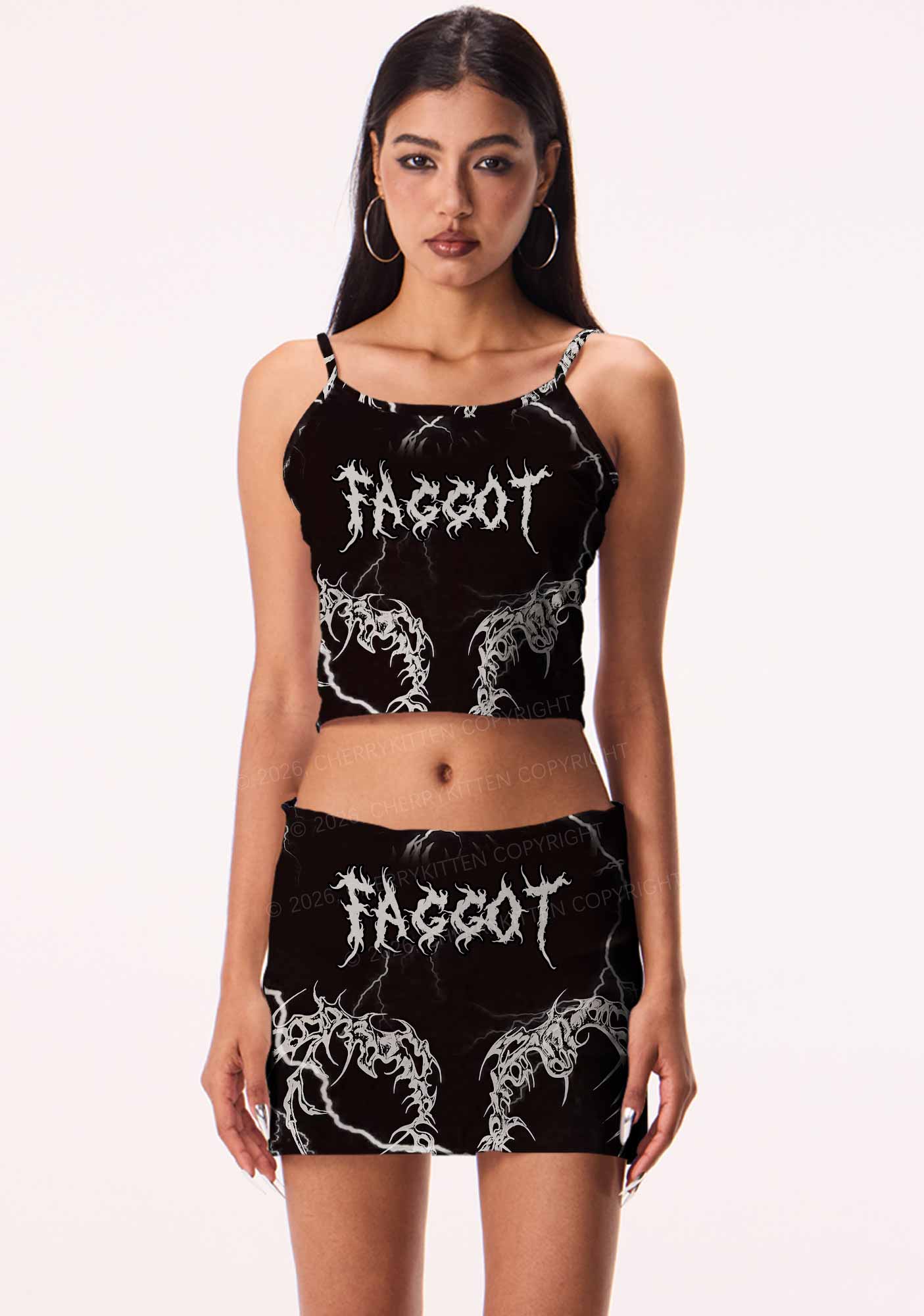 Black Gothic Faggot Pride Y2K Print Cami Crop Top Cherrykitten