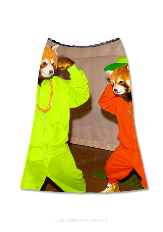 Hip Hop Red Panda Y2K Print Midi Skirt Cherrykitten