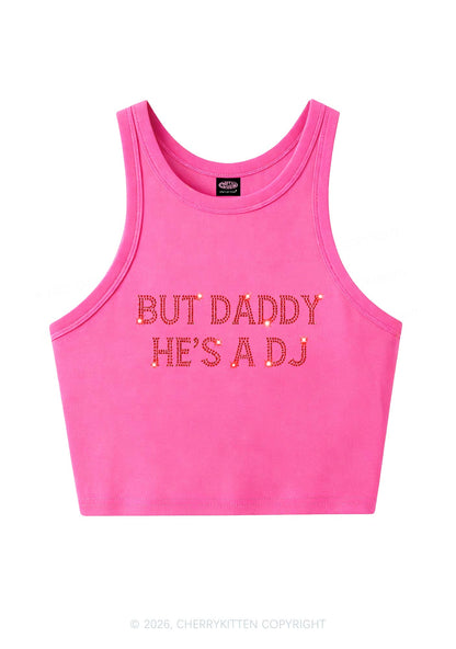 Rhinestone But Daddy Hes A Dj Y2K Crop Tank Top Cherrykitten