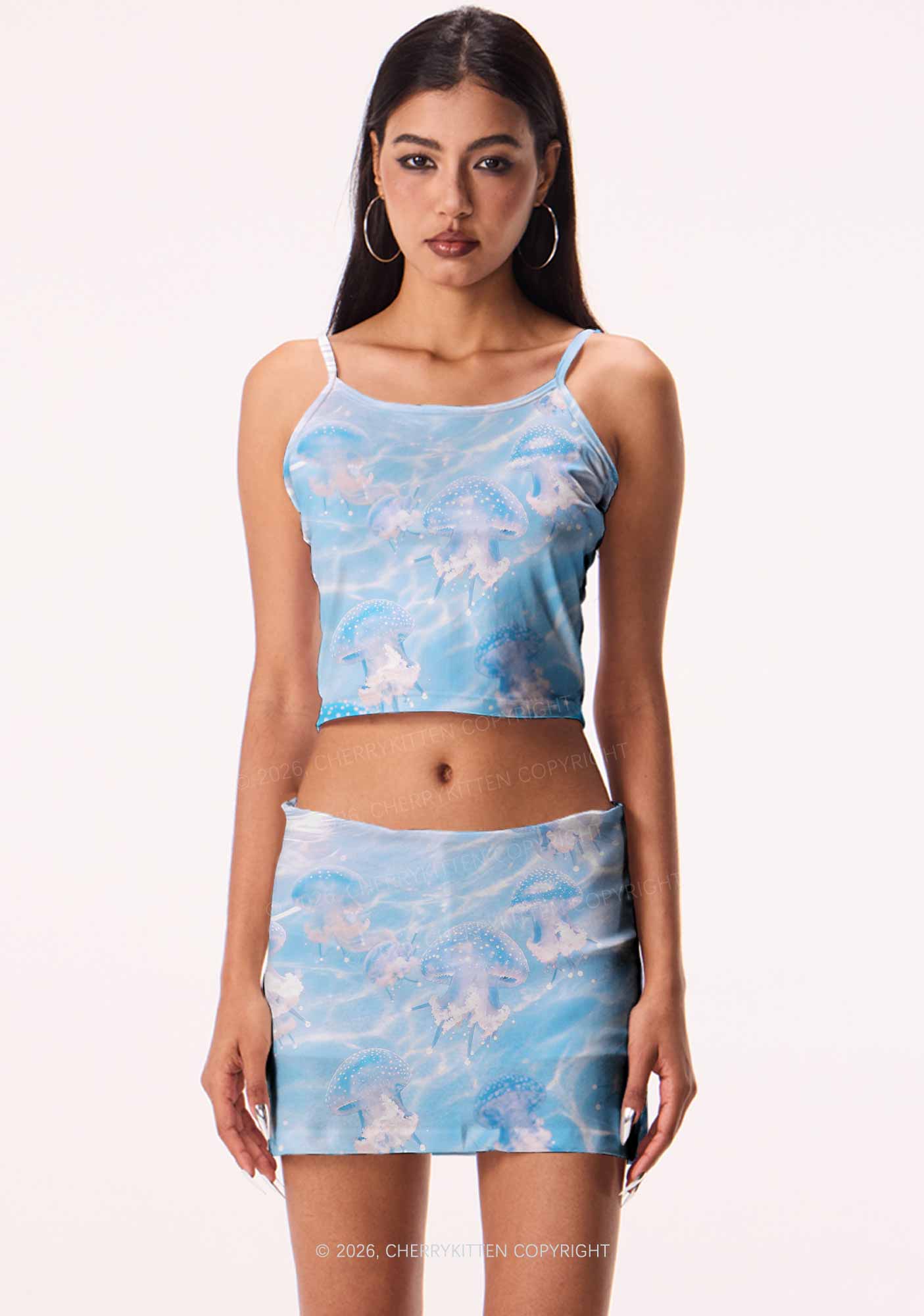 Blue Ocean Jellyfish Y2K Print Mini Skirt Cherrykitten