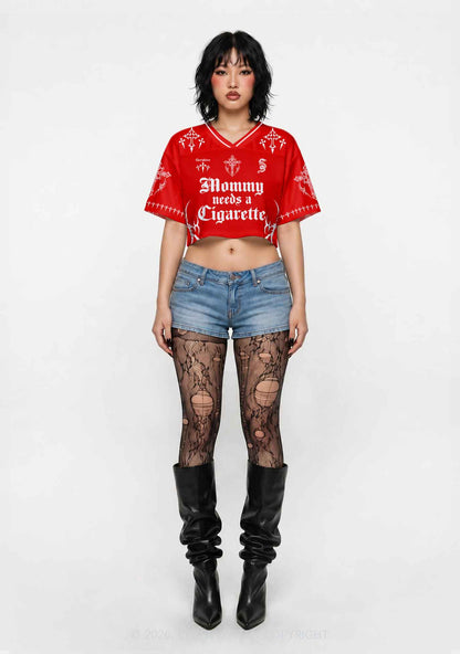 Red Gothic Mommy Needs A Cigarette Y2K Crop Sport Jersey Shirts Cherrykitten