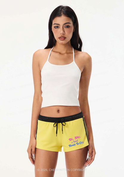 Bi Shy And Ready To Cry Pride Y2K Drawstring Mini Shorts Cherrykitten
