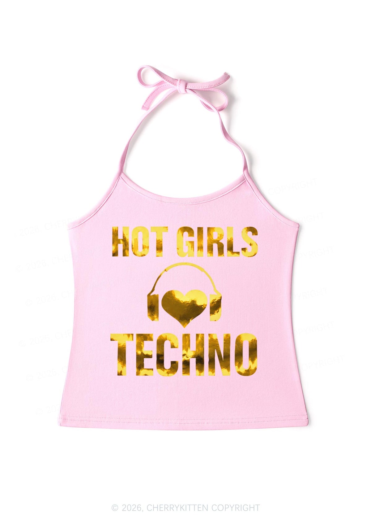 Hot Girls Love Techno Silver Foil Printed Y2K Halter Neck Cami Cherrykitten