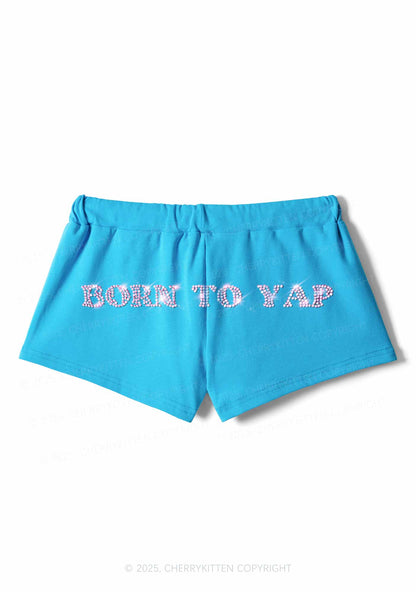 Rhinestone Born To Yap Y2K Drawstring Mini Shorts Cherrykitten