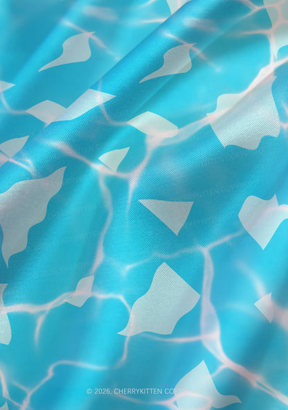 Turquoise Water Ripple Y2K Print Satin Cowl Neck Slip Dress Cherrykitten