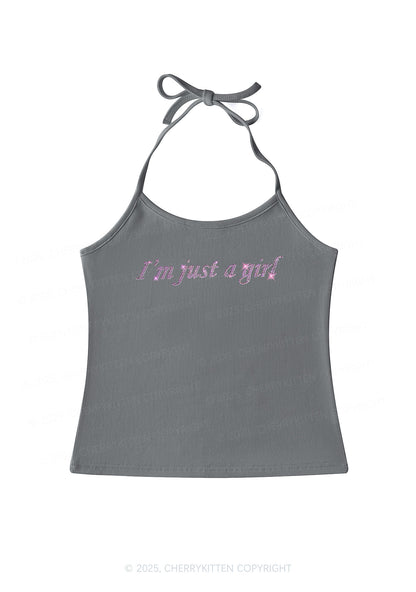 Rhinestone Just A Girl Y2K Halter Neck Cami Cherrykitten