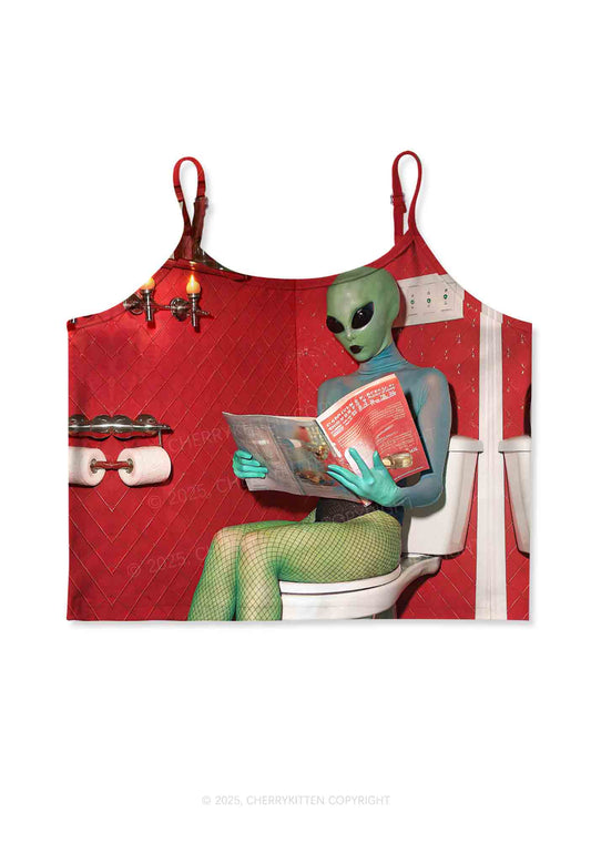 Halloween Alien On Toilet Y2K Print Cami Crop Top Cherrykitten