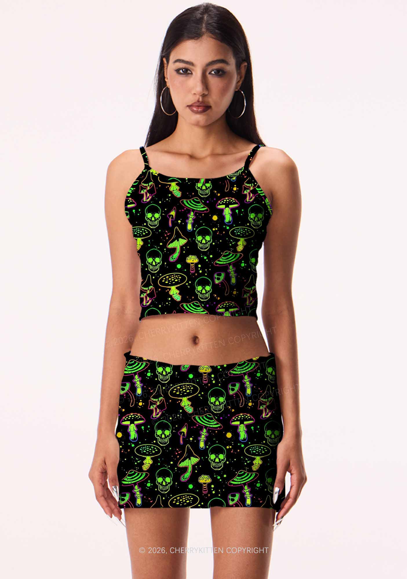 Neon Skull Mushroom Y2K Print Mini Skirt Cherrykitten