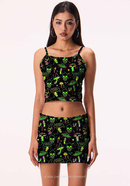 Neon Skull Mushroom Y2K Print Mini Skirt Cherrykitten