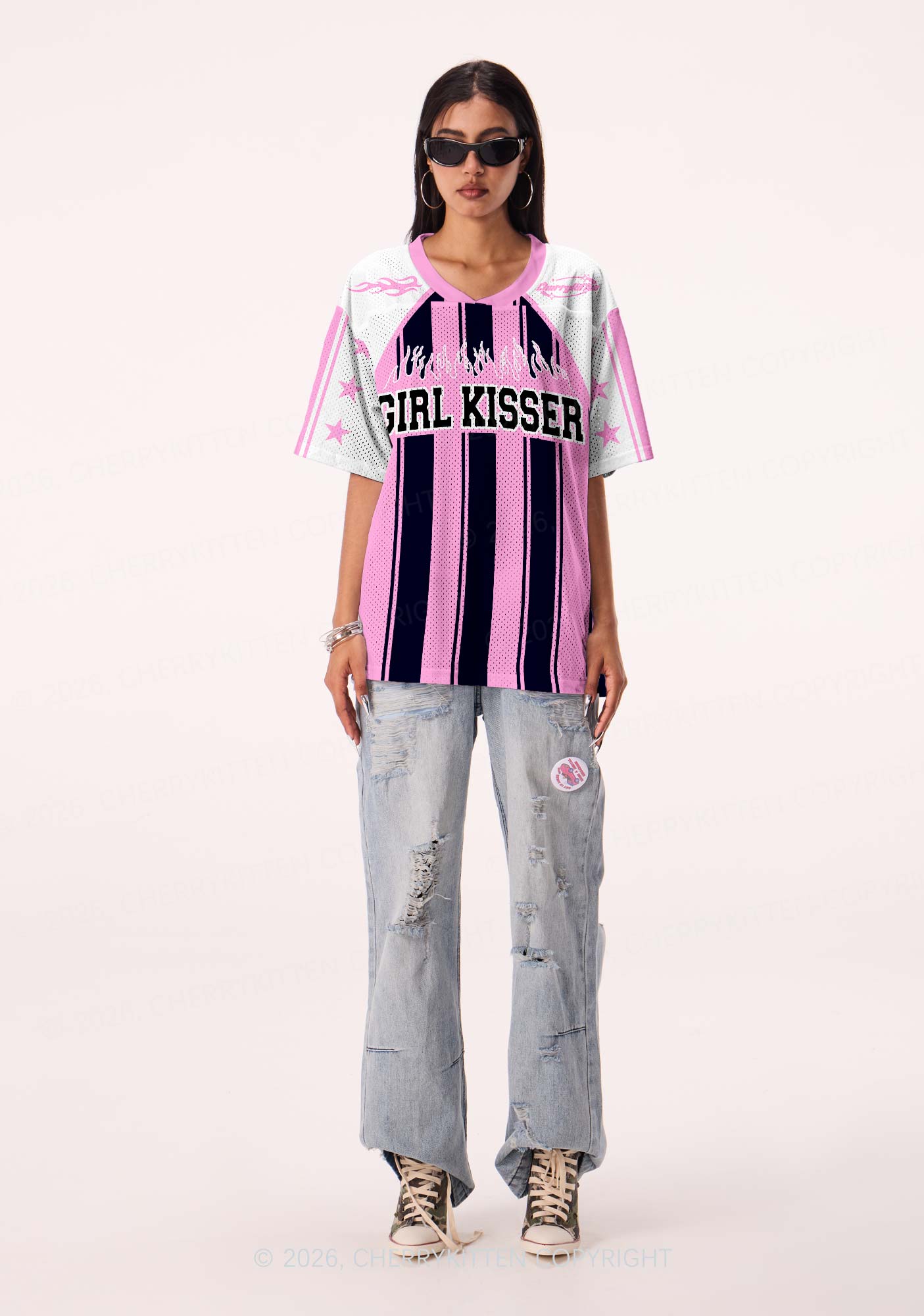 Girl Kisser Pink And Black Stripes Pride Y2K Sport Jersey Shirts Cherrykitten