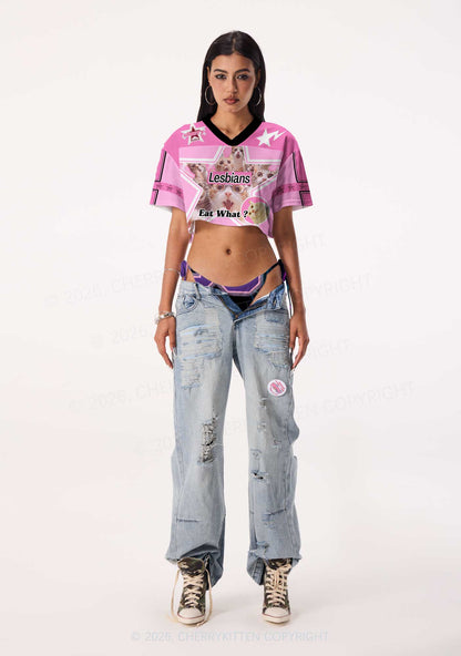 Lesbians Eat What Cat Pride Y2K Crop Sport Jersey Shirts Cherrykitten