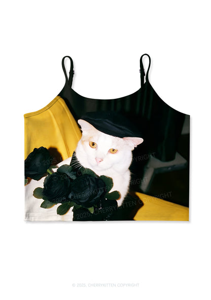 Cat With Black Roses Y2K Print Cami Crop Top Cherrykitten