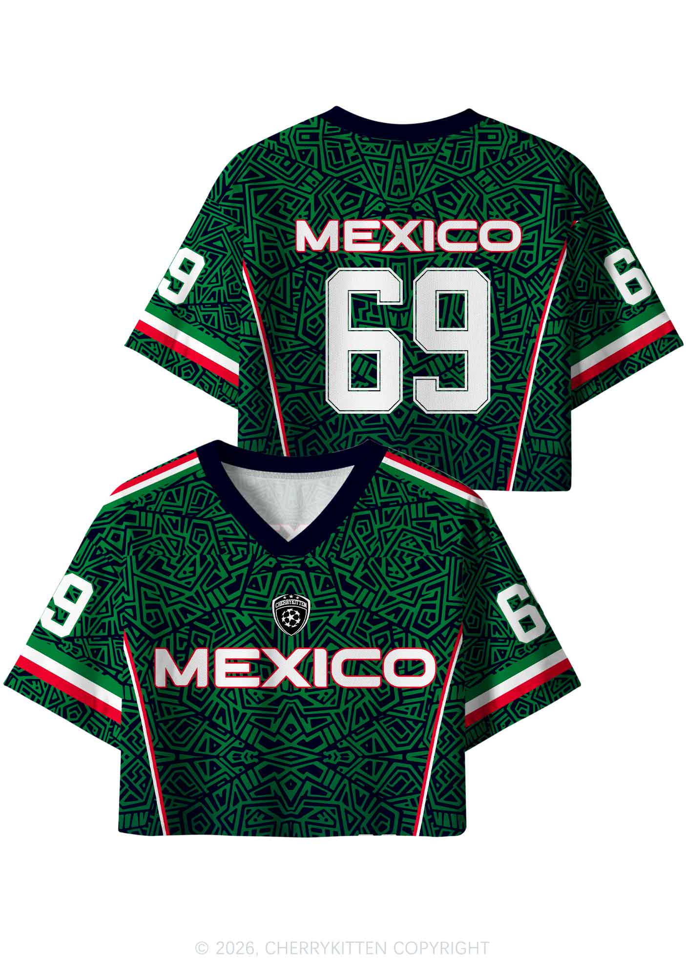 Custom Green Mexico Geometric Pattern Y2K Crop Sport Jersey Shirts Cherrykitten
