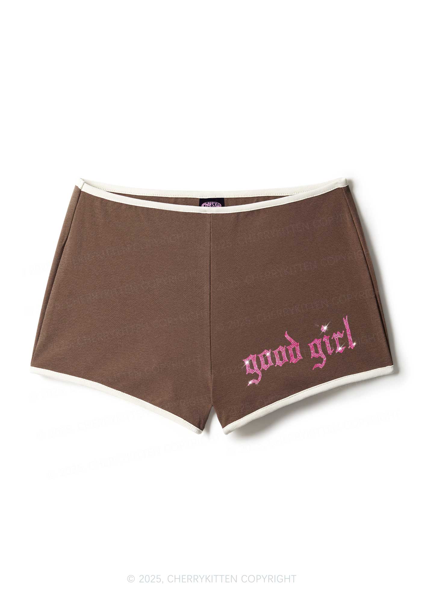 Rhinestone Pink Good Girl Y2K Booty Shorts Cherrykitten