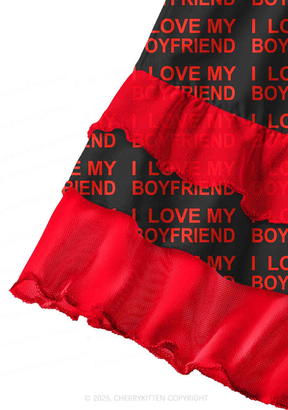 I Love My Boyfriend Y2K Print Mini Layered Skirt Cherrykitten