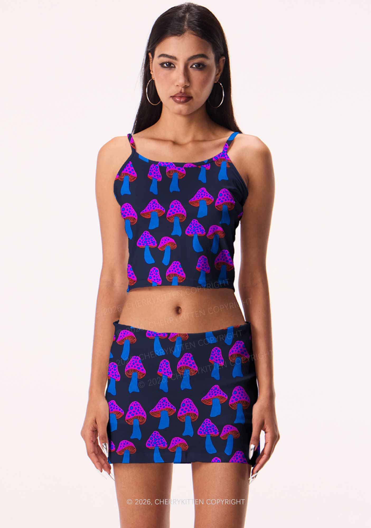 Blue Mushroom Y2K Print Cami Crop Top Cherrykitten