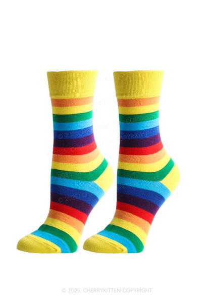 Rainbow Striped Pride Y2K Mid Calf Socks Cherrykitten