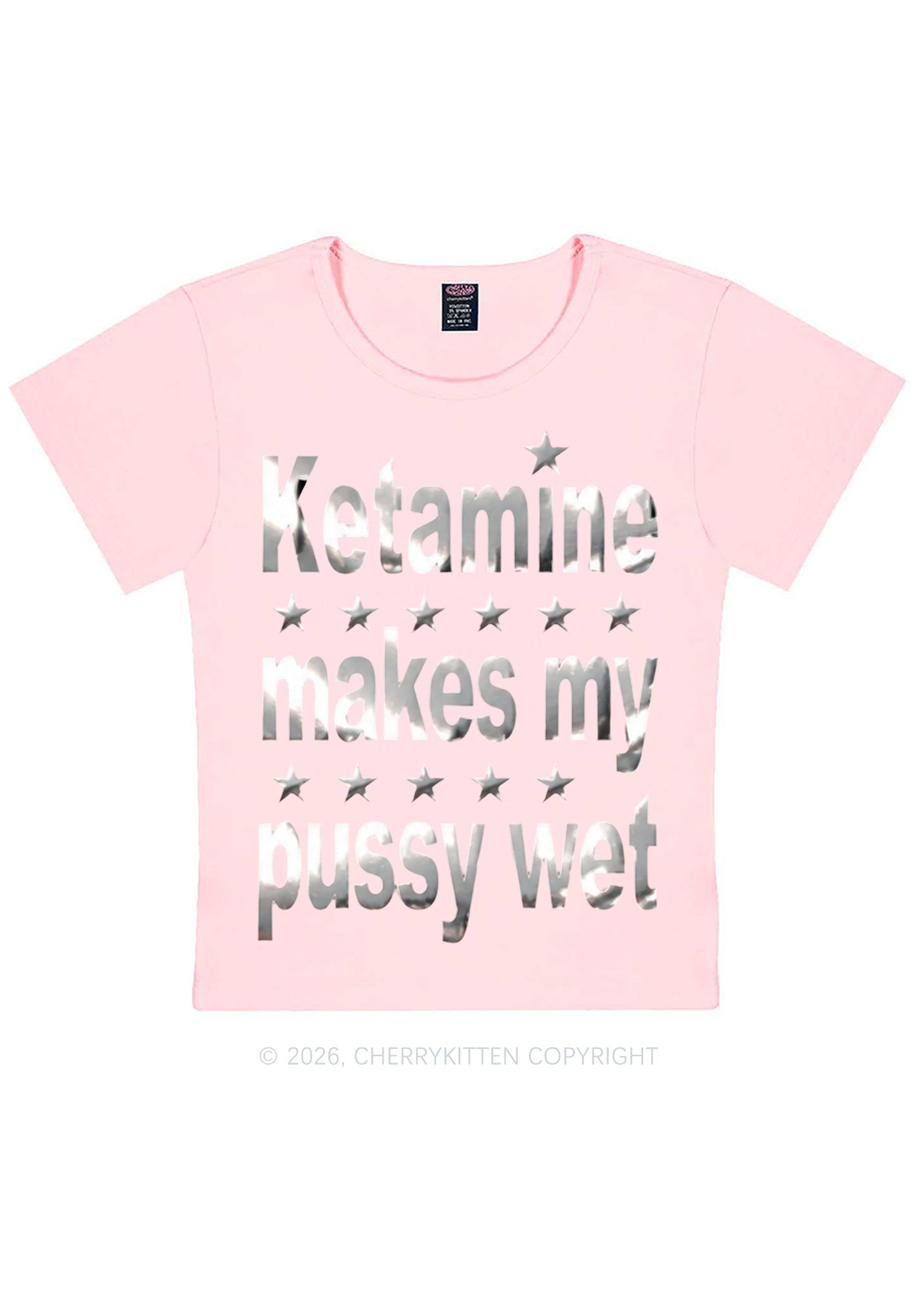 K Makes My Puxxy Wet Silver Foil Printed Y2K Baby Tee Cherrykitten