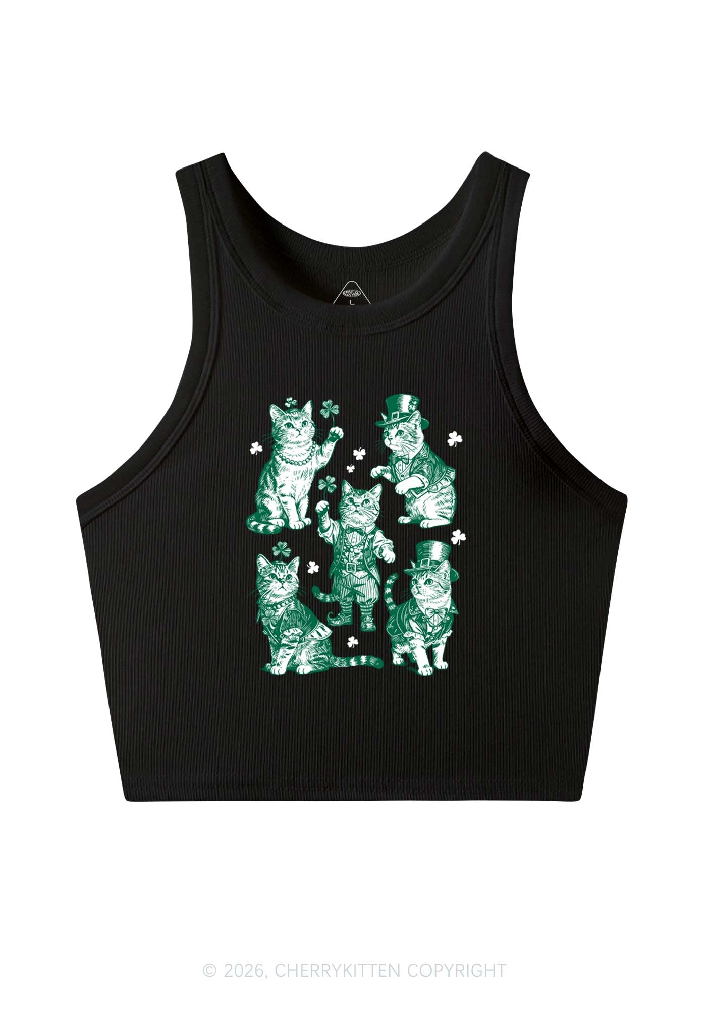 Green Lucky Cats St Patricks Y2K Crop Tank Top Cherrykitten