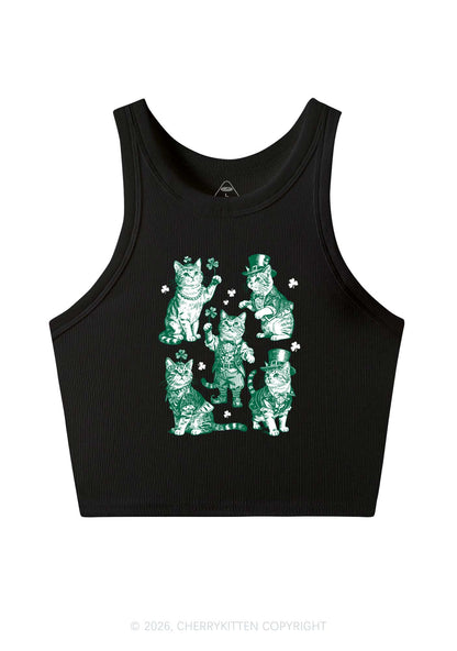 Green Lucky Cats St Patricks Y2K Crop Tank Top Cherrykitten