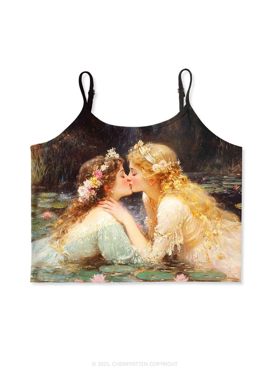 Romantic Kissing Girls Pride Y2K Print Cami Crop Top Cherrykitten