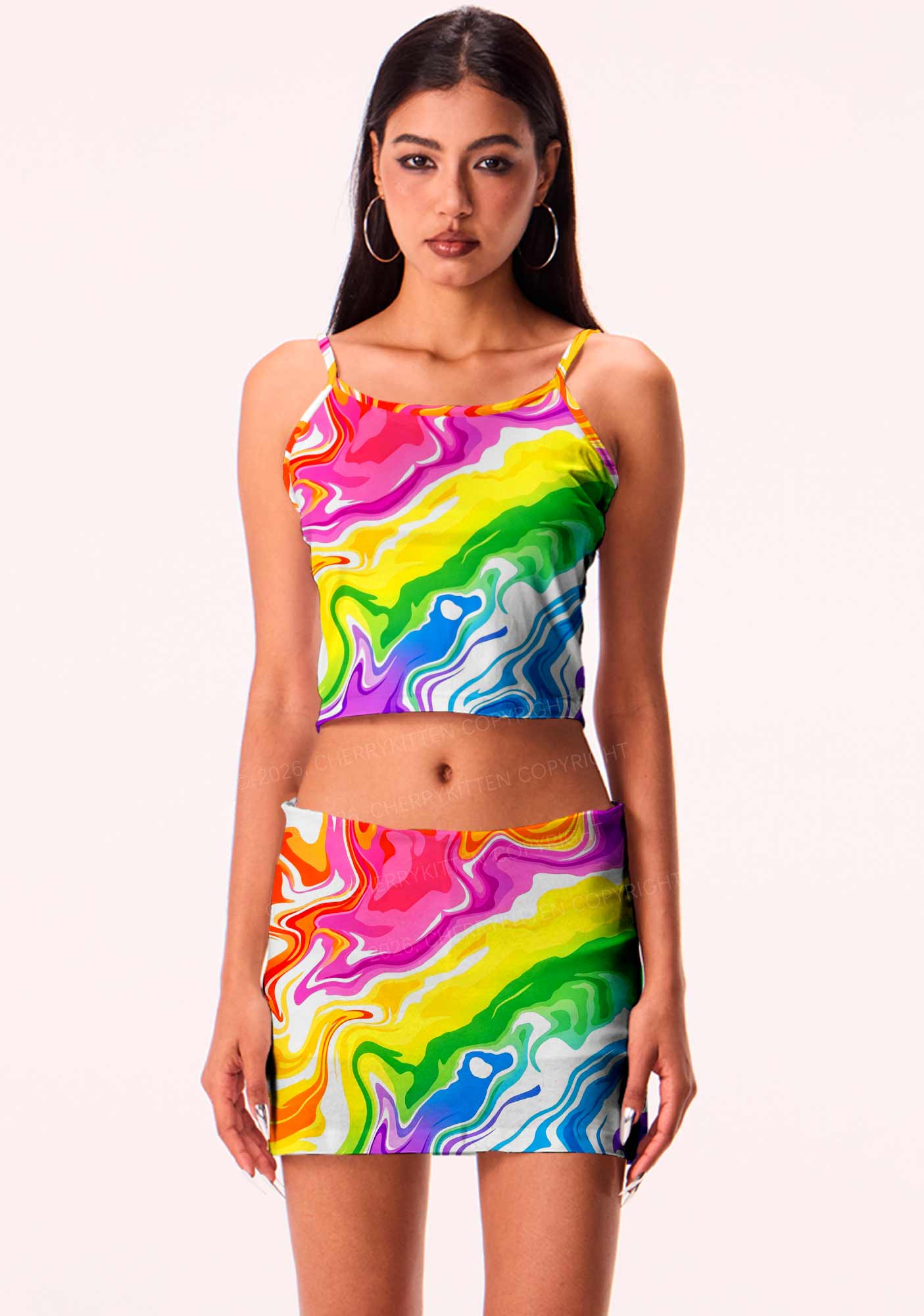 Rainbow Liquid Tie Dye Pride Y2K Print Cami Crop Top Cherrykitten