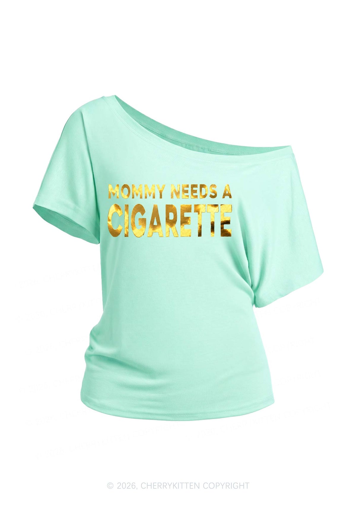 Mommy Needs A Cigarette Silver Foil Printed Y2K Off Shoulder Tee Cherrykitten