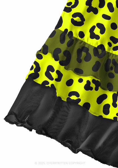 Neon Leopard Y2K Print Mini Layered Skirt Cherrykitten