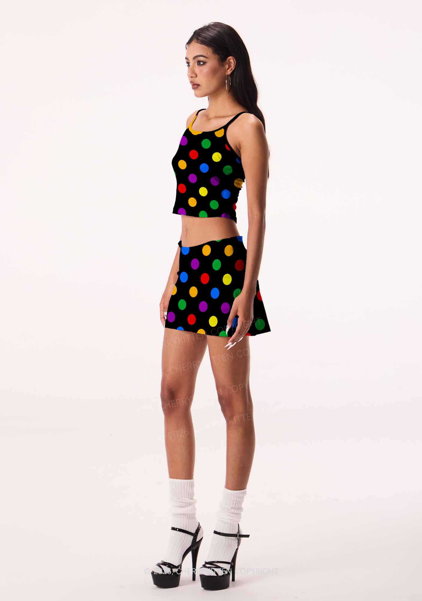 Rainbow Dots On Black Pride Y2K Print Mini Skirt Cherrykitten
