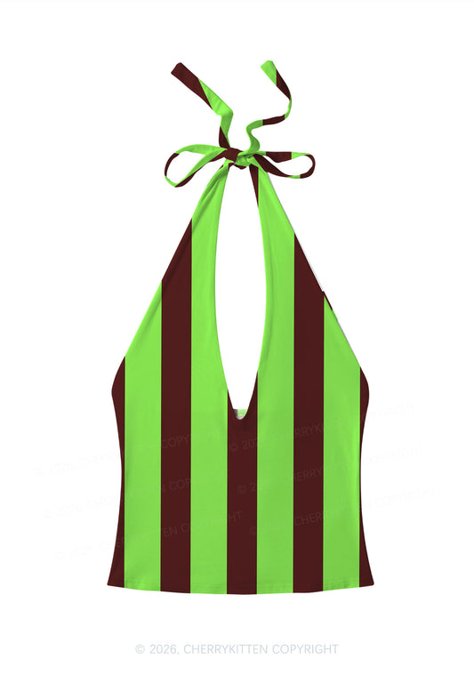 Green Brown Stripes Y2K Print Halter Deep V Neck Cami Cherrykitten
