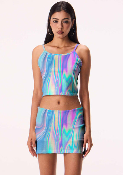 Holographic Iridescent Swirl Y2K Print Mini Skirt Cherrykitten