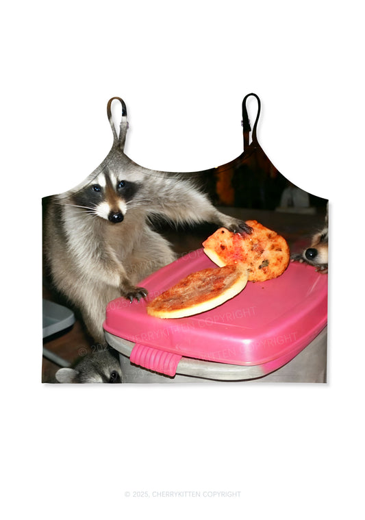 Raccoons Pizza Party Y2K Print Cami Crop Top Cherrykitten