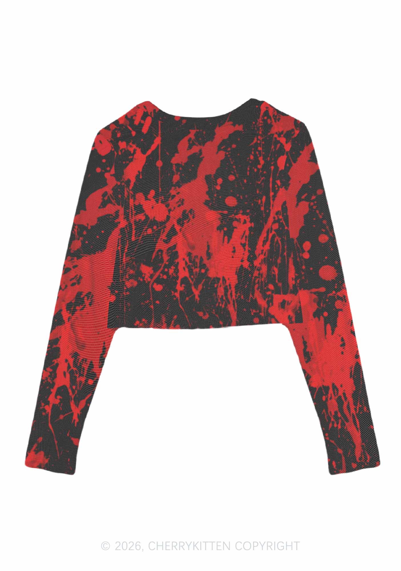 Halloween Red Blood On Black Y2K Mesh Long Sleeve Crop Top Cherrykitten