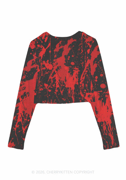 Halloween Red Blood On Black Y2K Mesh Long Sleeve Crop Top Cherrykitten