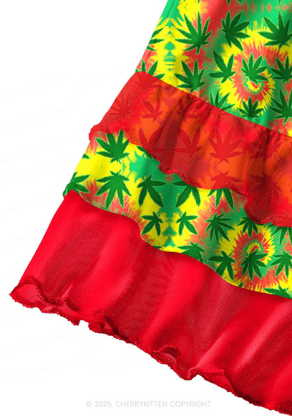 Trippy Leaves Y2K Print Mini Layered Skirt Cherrykitten