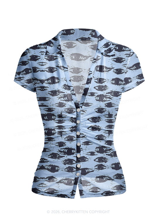 Eyes In The Blue Y2K Mesh Ruched Waist V Neck Top Cherrykitten