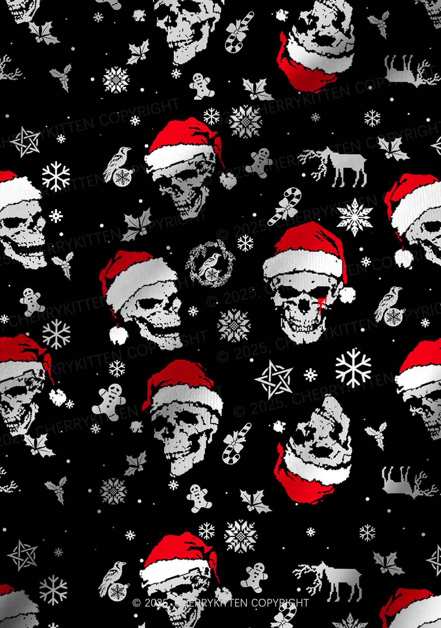 Skull Santa Y2K Print Long Sleeve Pajama Set Cherrykitten