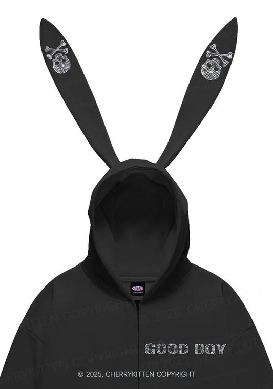 Rhinestone Good Boy Y2K Bunny Ear Zip Hoodie Cherrykitten
