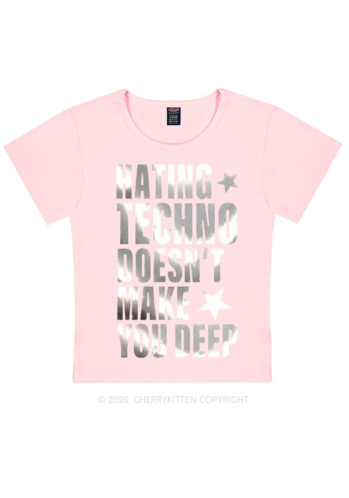 Hating Techno Silver Foil Printed Y2K Baby Tee Cherrykitten