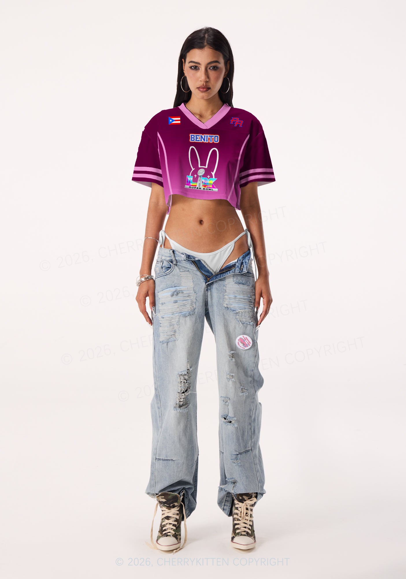 Purple Bunny Head Y2K Crop Sport Jersey Shirts Cherrykitten